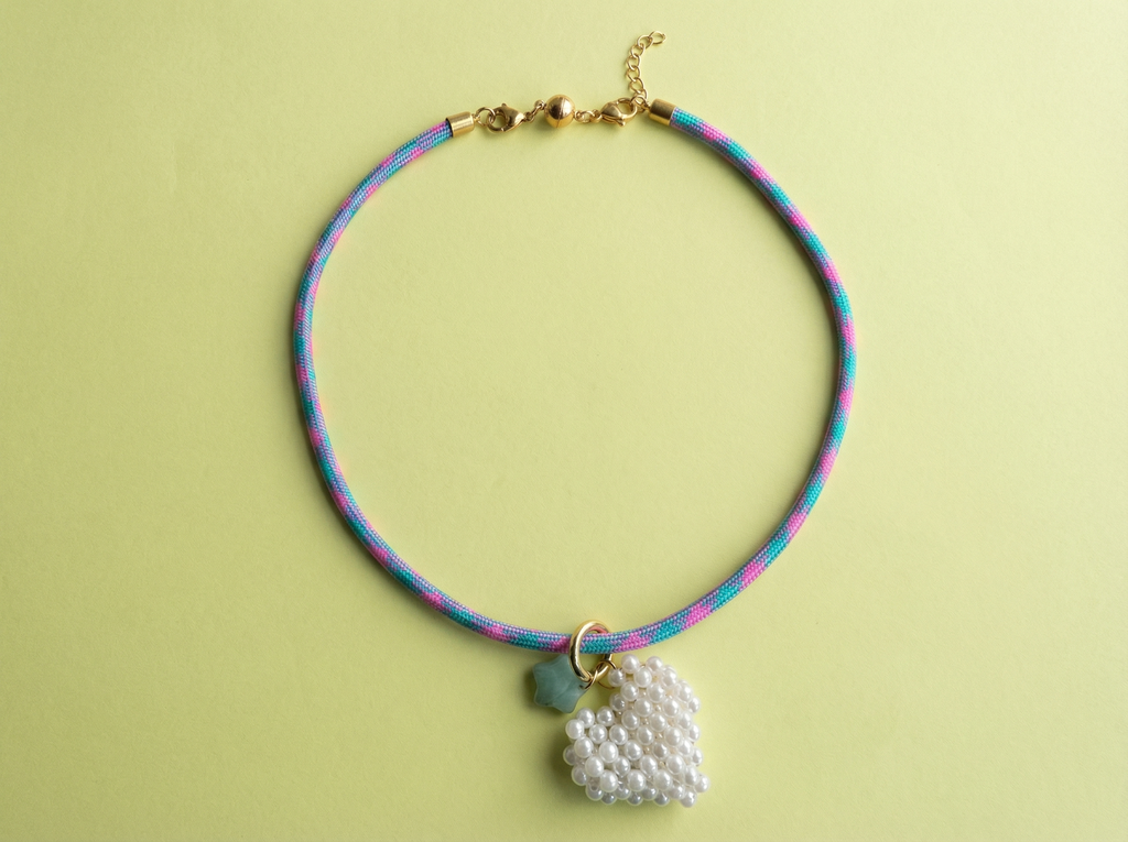 Cord Necklace - Pink + Teal w/ Heart + Star Charms - Blakely