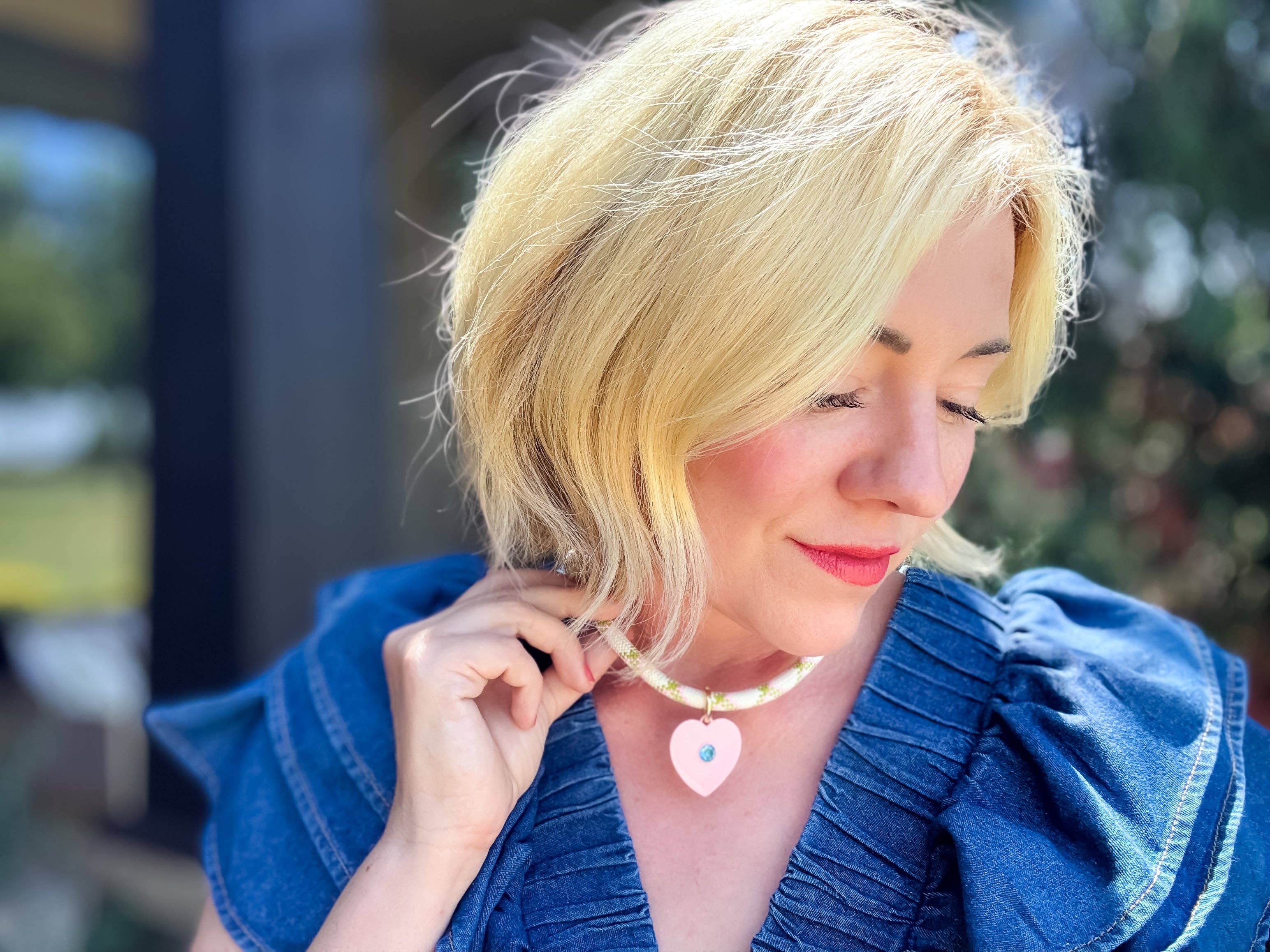 Thick Cord Necklace - Pink Heart Charm w/ Crystal - Blakely