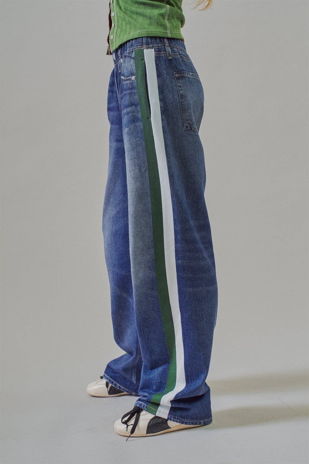 Faux Denim Track Pants With Stripe