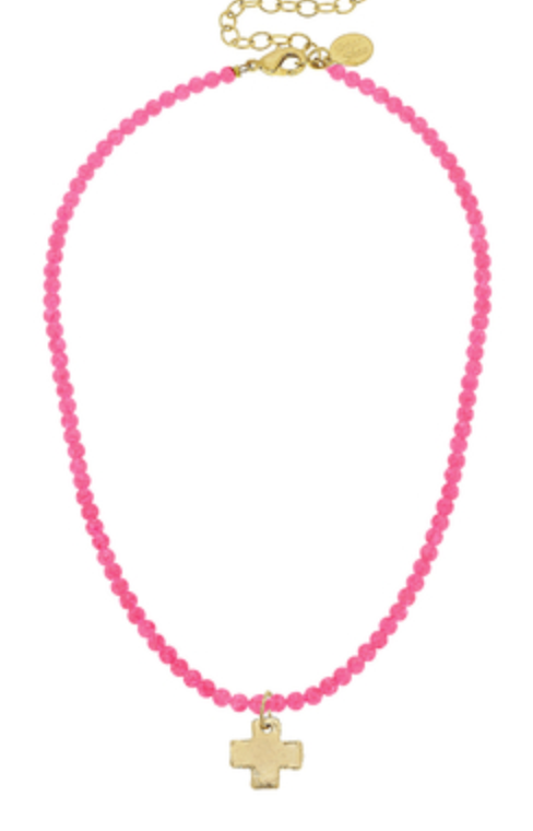 Gold Cross on Hot Pink Beaded Necklace