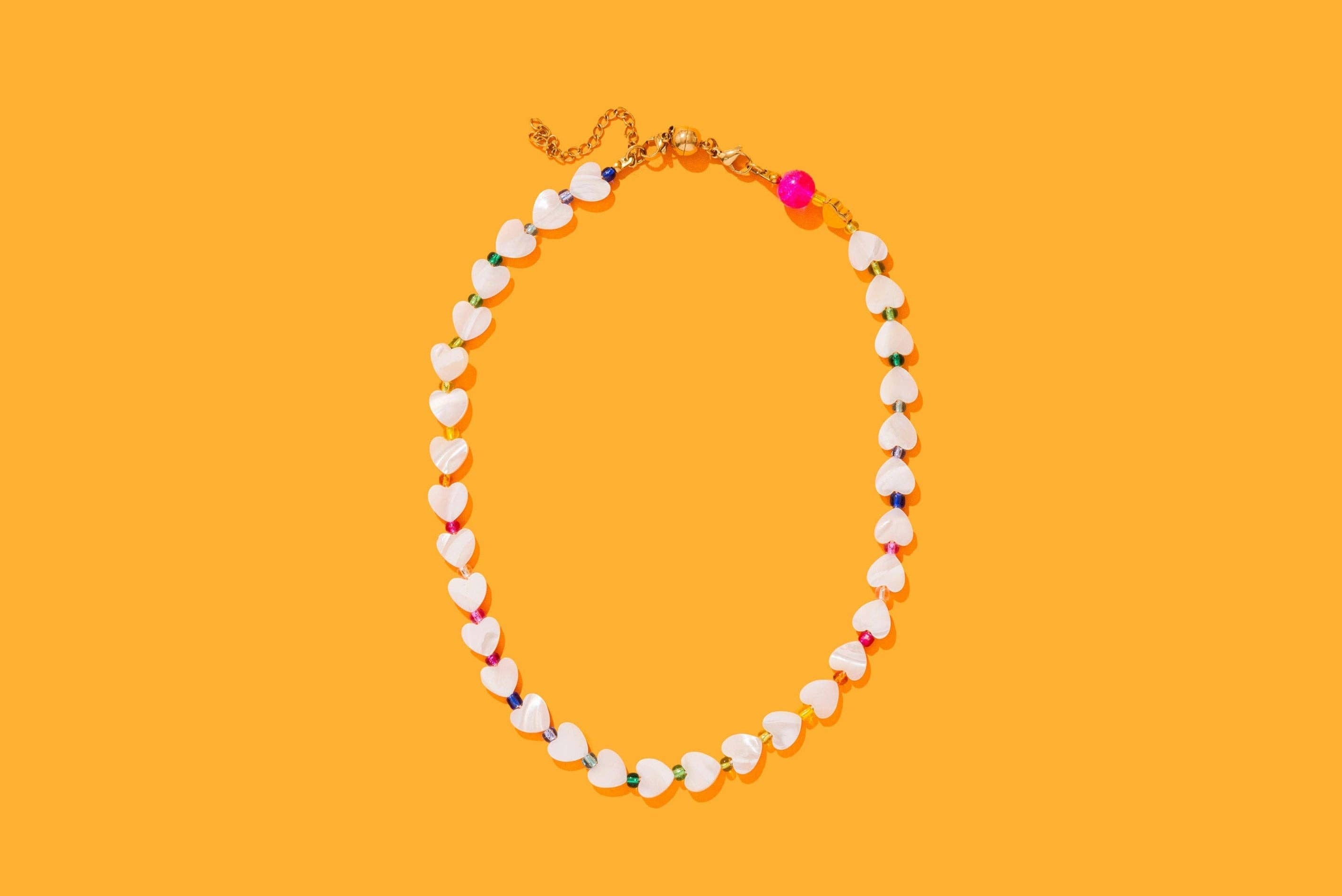 Beaded Necklace - Pearl Hearts + Multi-Colored Beads - Emma