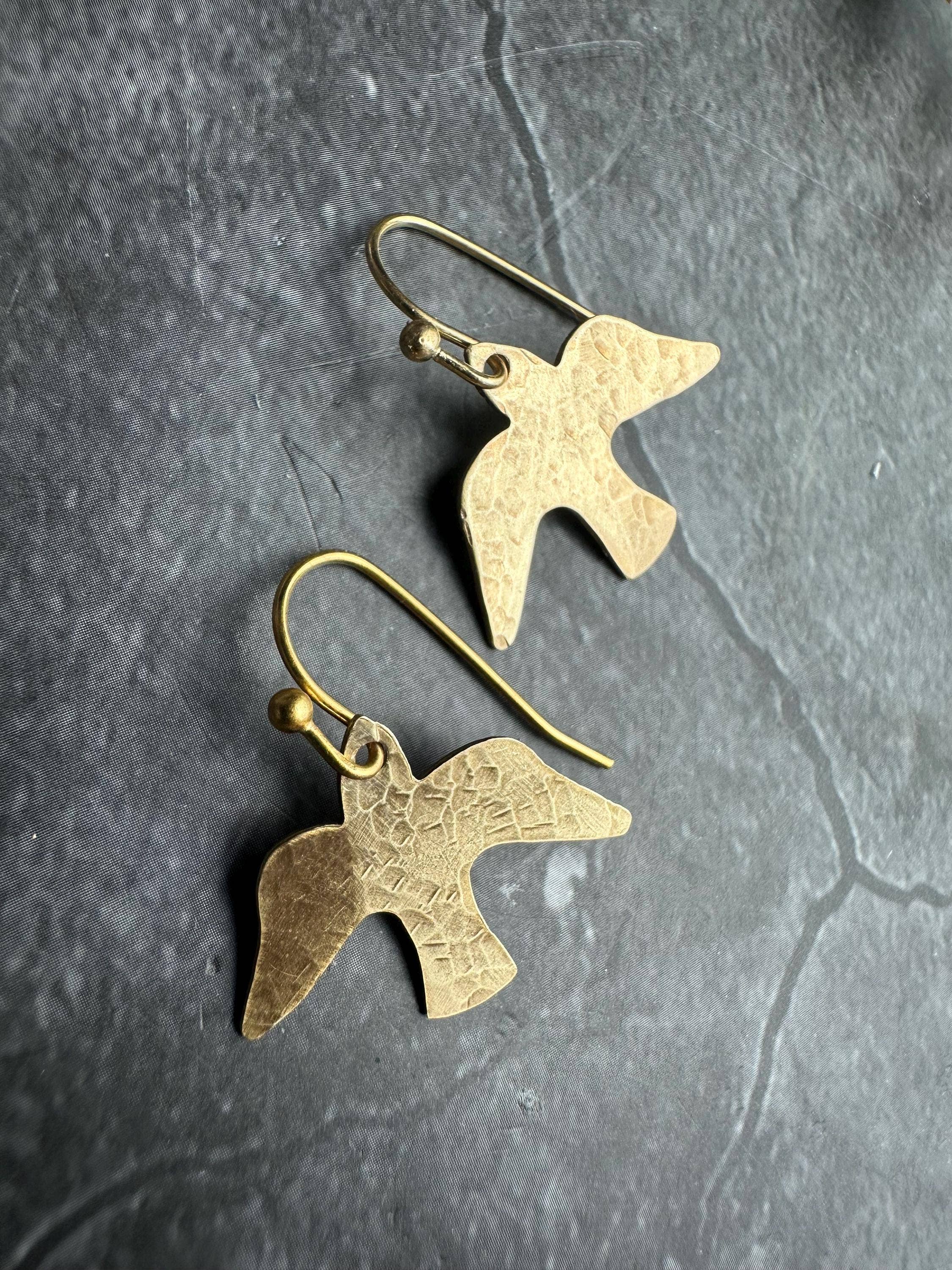 Minimal Bird Earrings - Small Hammered Brass Sparrow Drops