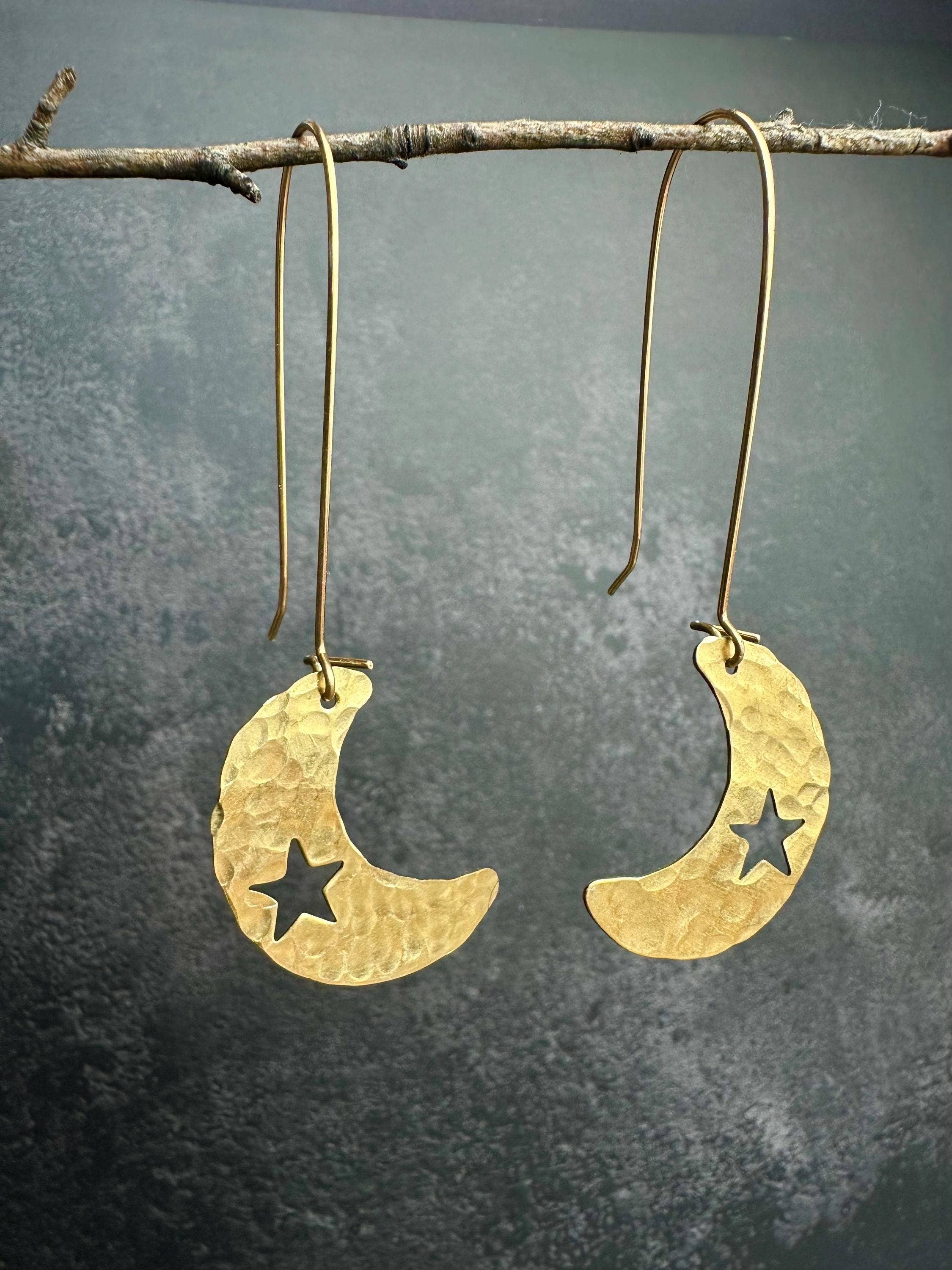 Handcrafted Celestial Crescent Moon Earrings - Beaten Brass
