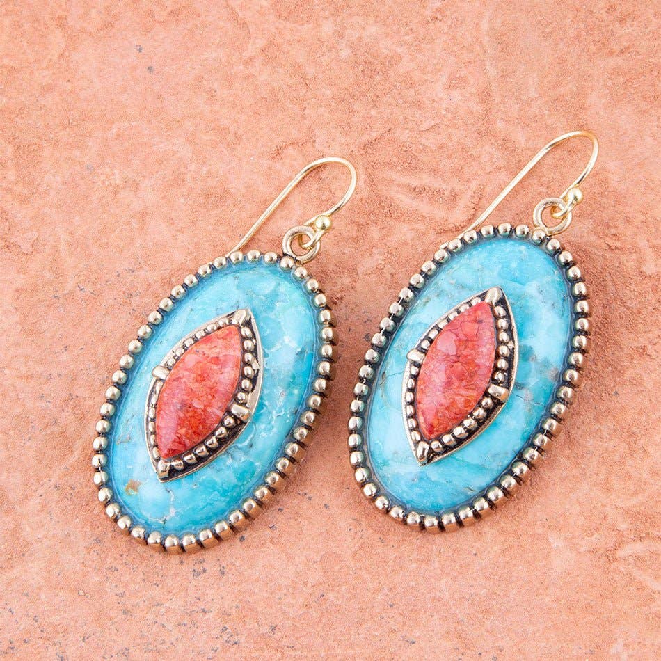Stacked Stone Blue Turquoise Orange Sponge Coral Golden Drop Earrings