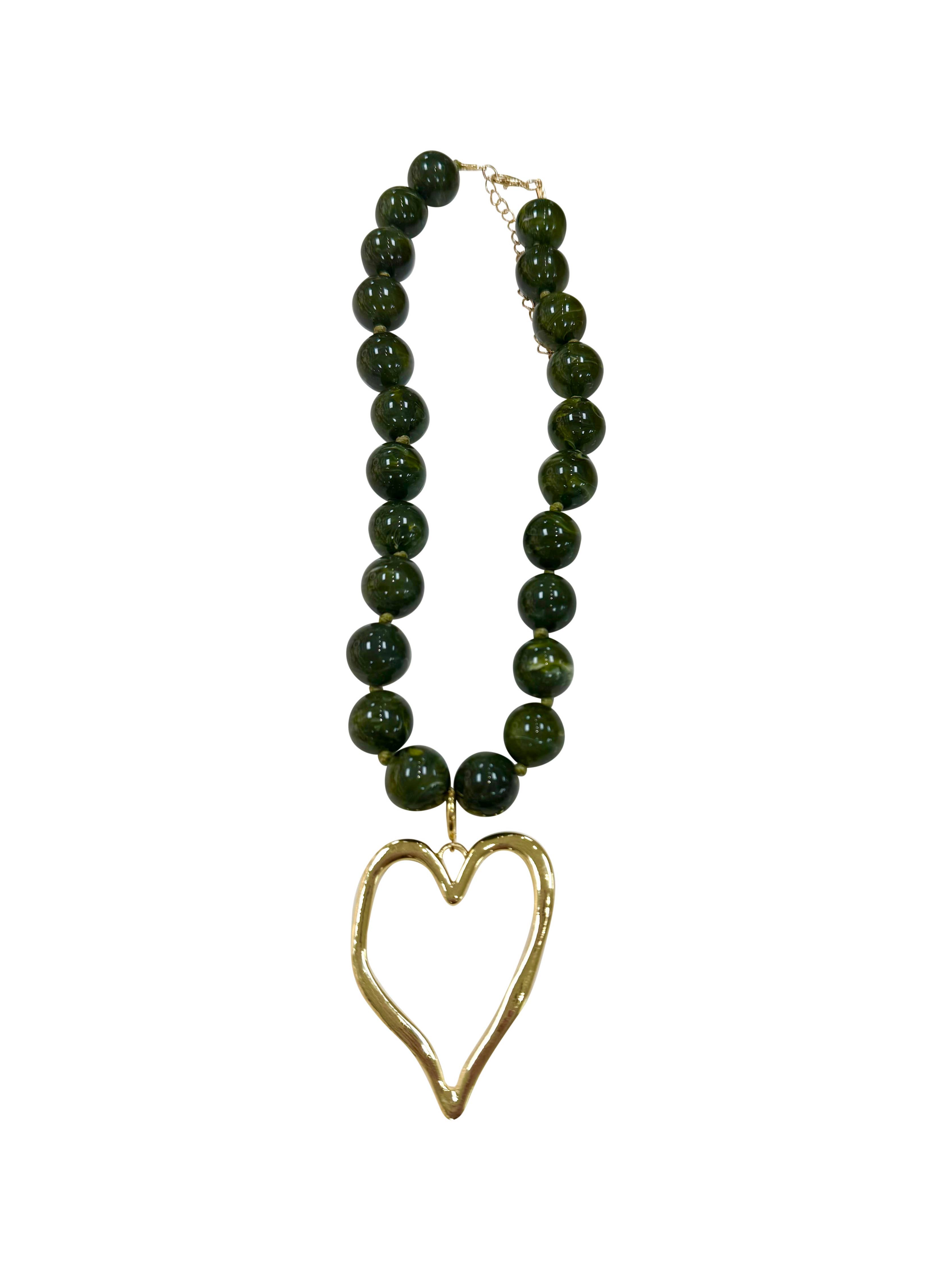 Levy Chunky Beaded Necklace-Emerald Green with Jumbo Heart