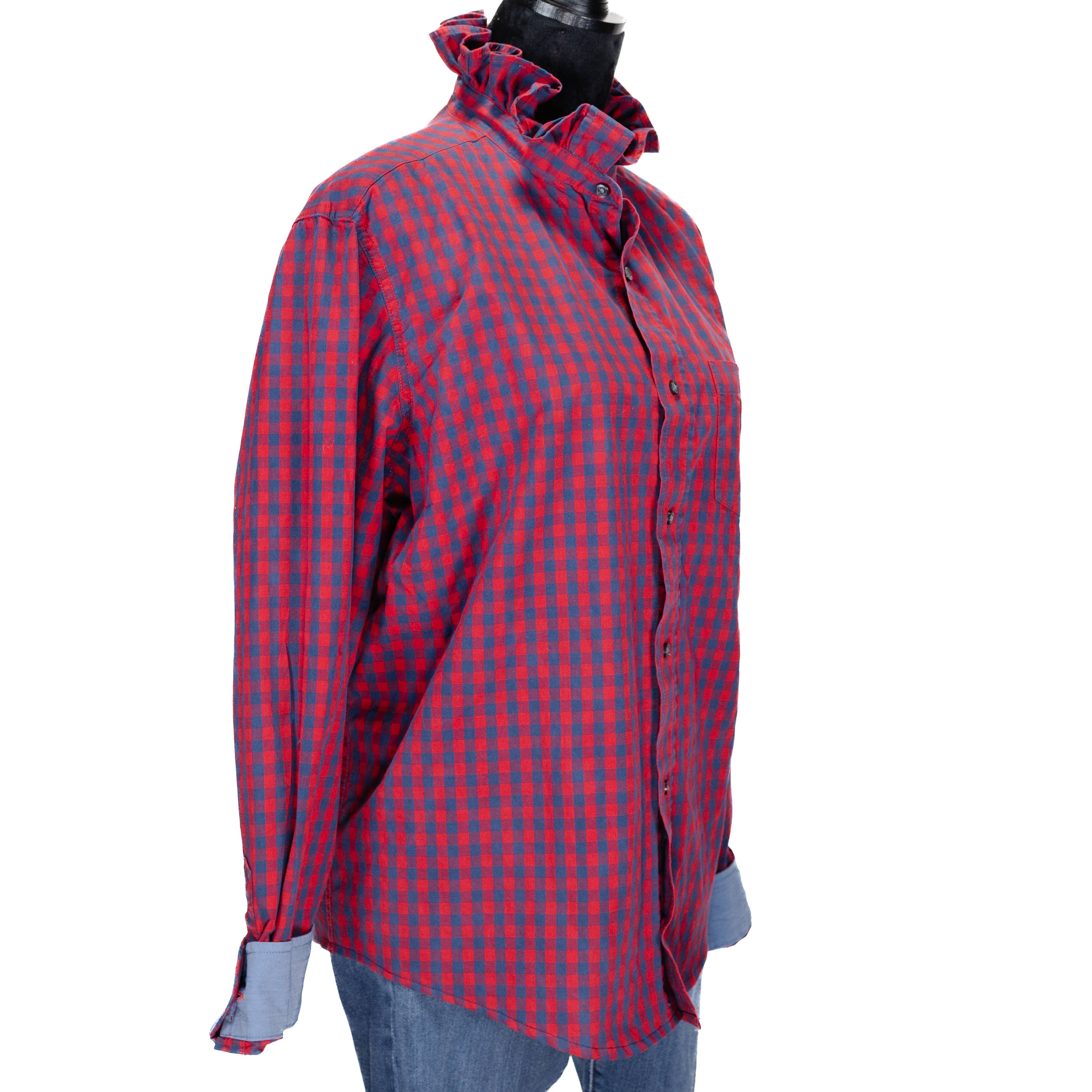 Upcycle Ruffle Collar Women's Shirt Unique Red/Blue Chk  XXL