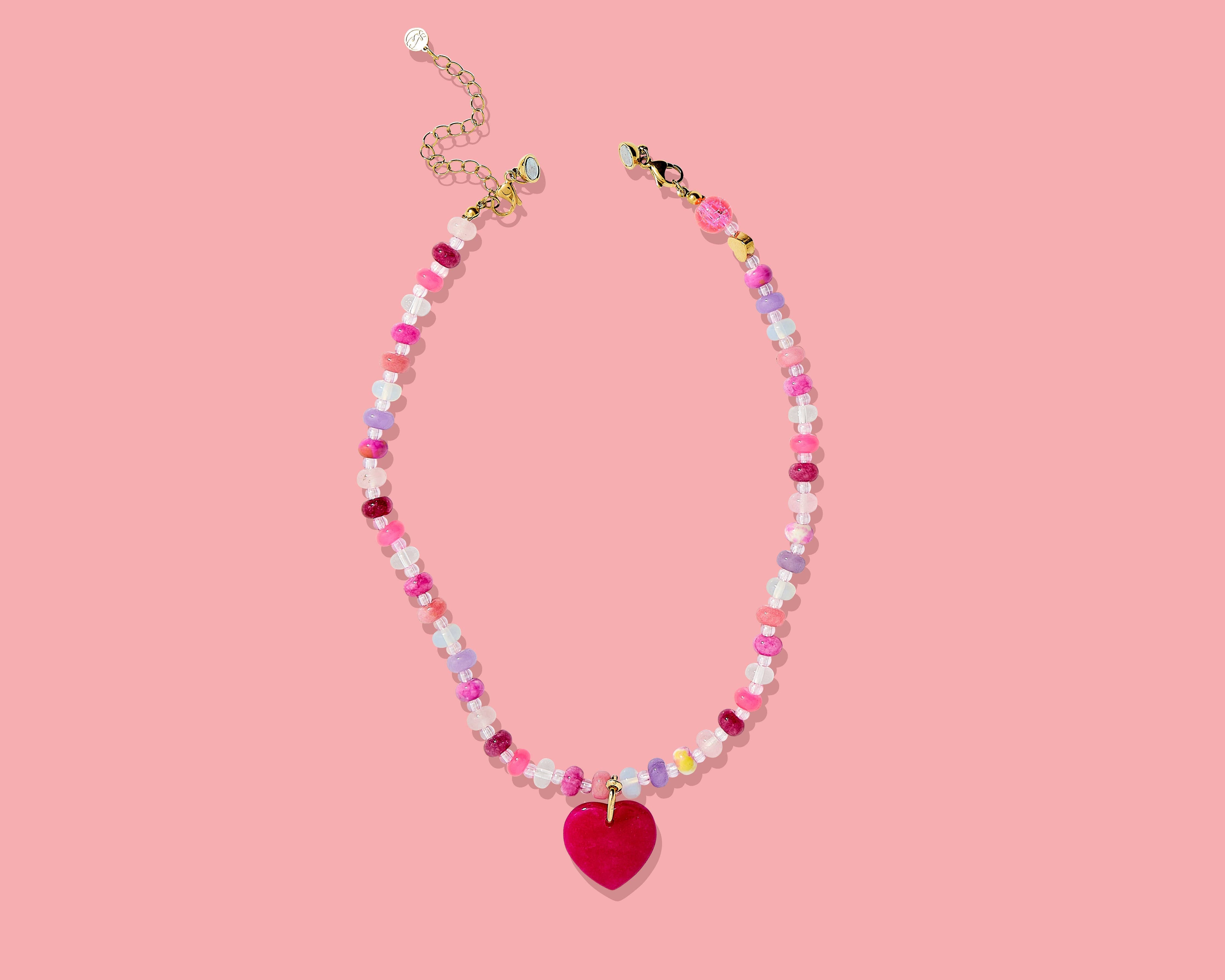 Beaded Necklace - Multi-Colored w/ Red Heart Charm - Maris