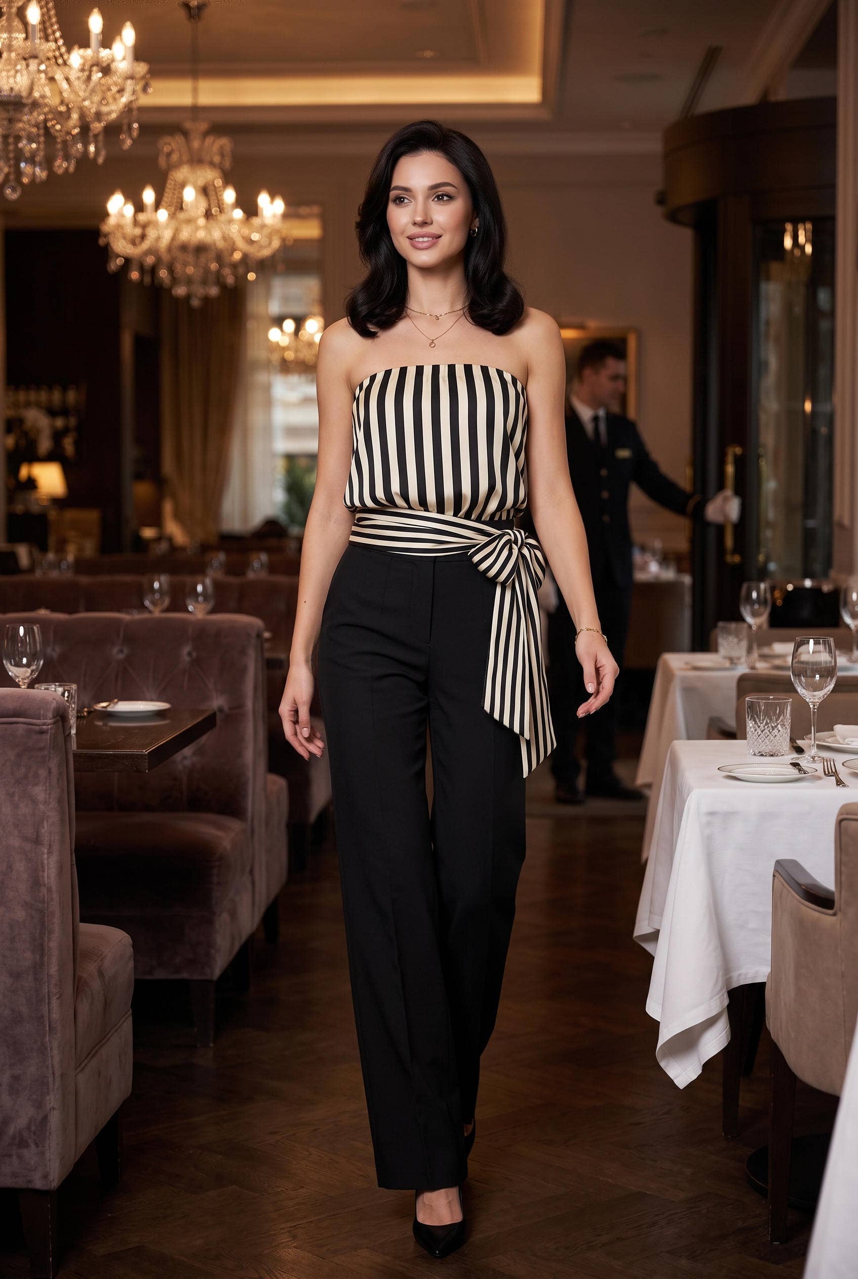 Striped Satin Strapless Tie Waist Top