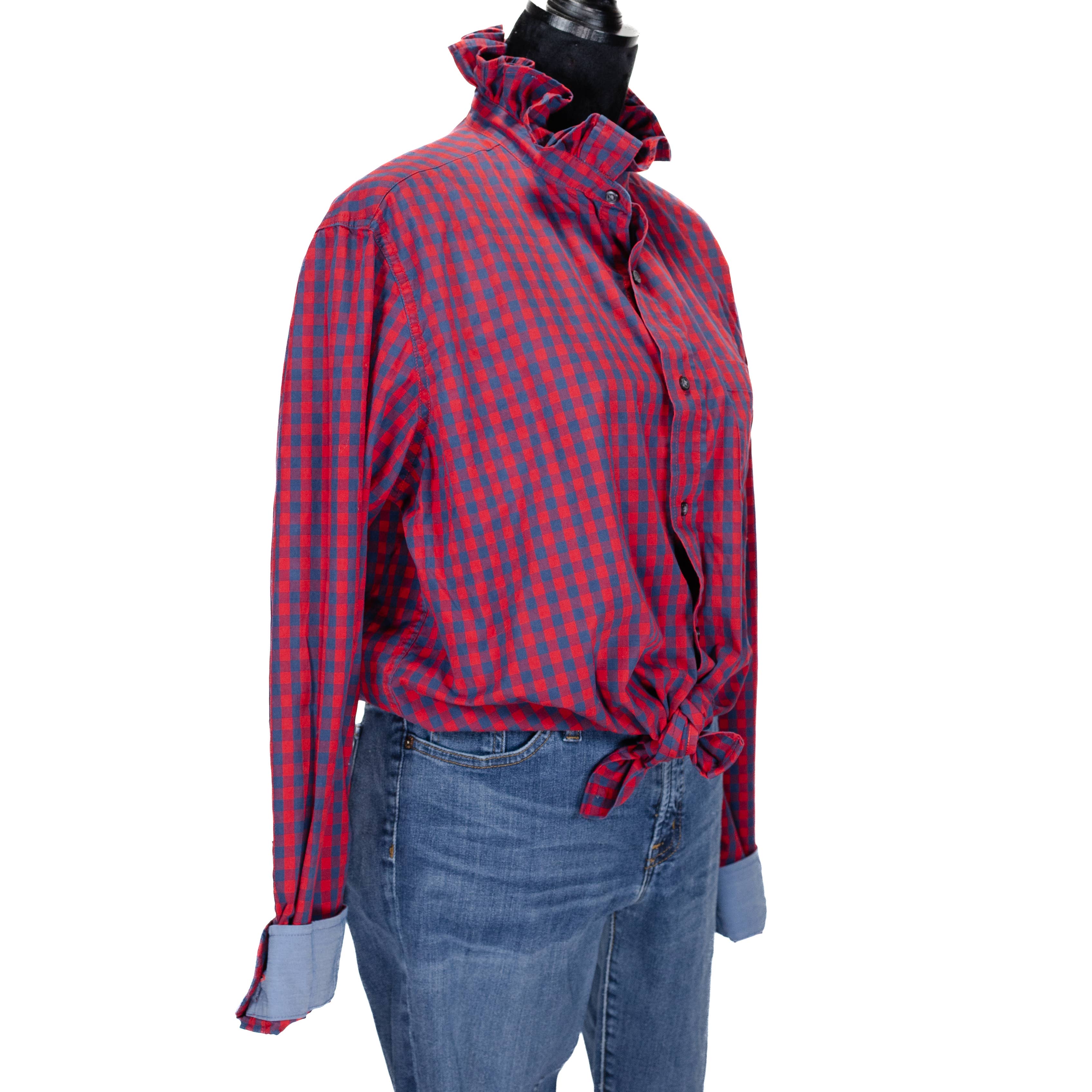 Upcycle Ruffle Collar Women's Shirt Unique Red/Blue Chk  XXL