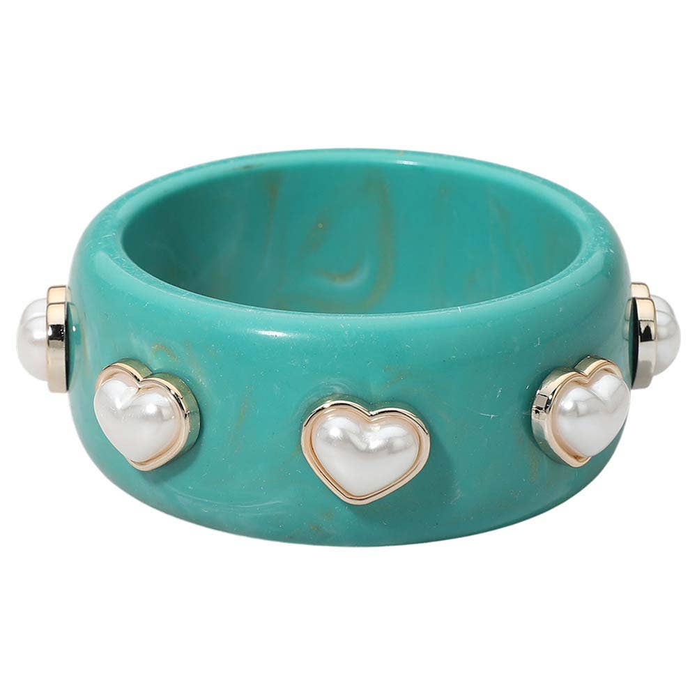 Pearl Heart Cluster Accent Wide Marbled Bangle Bracelet