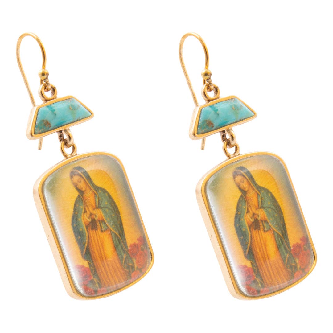 Our Lady of Guadalupe Blue Turquoise Golden Drop Earrings
