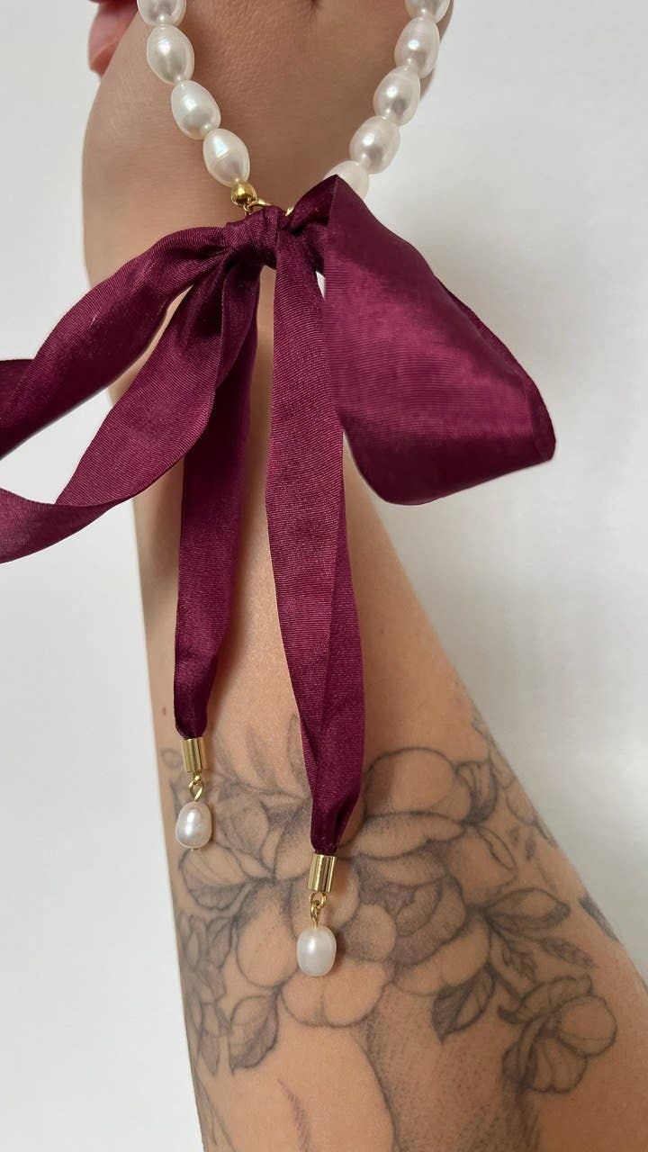 Freshwater Pearl Choker with Silk Ribbon Bow Necklace