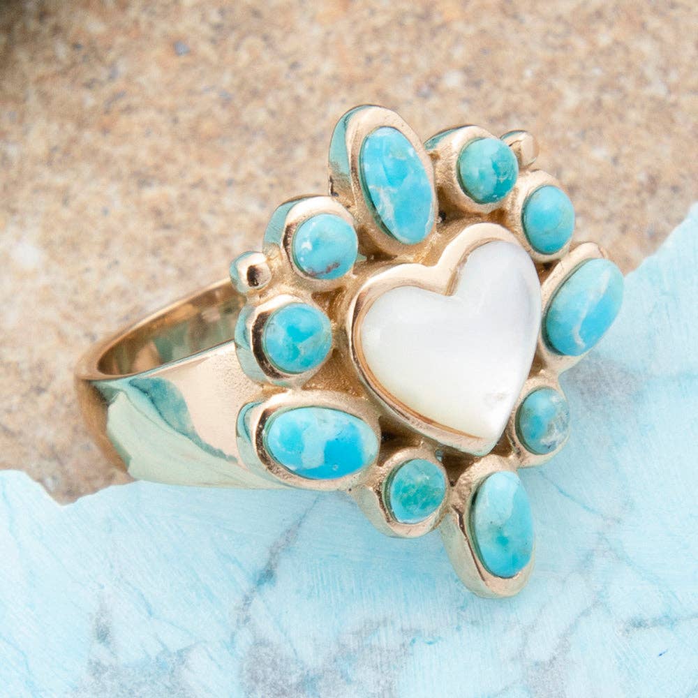 Hearts Surround Blue Turquoise and White Mother of Pearl Golden Ring