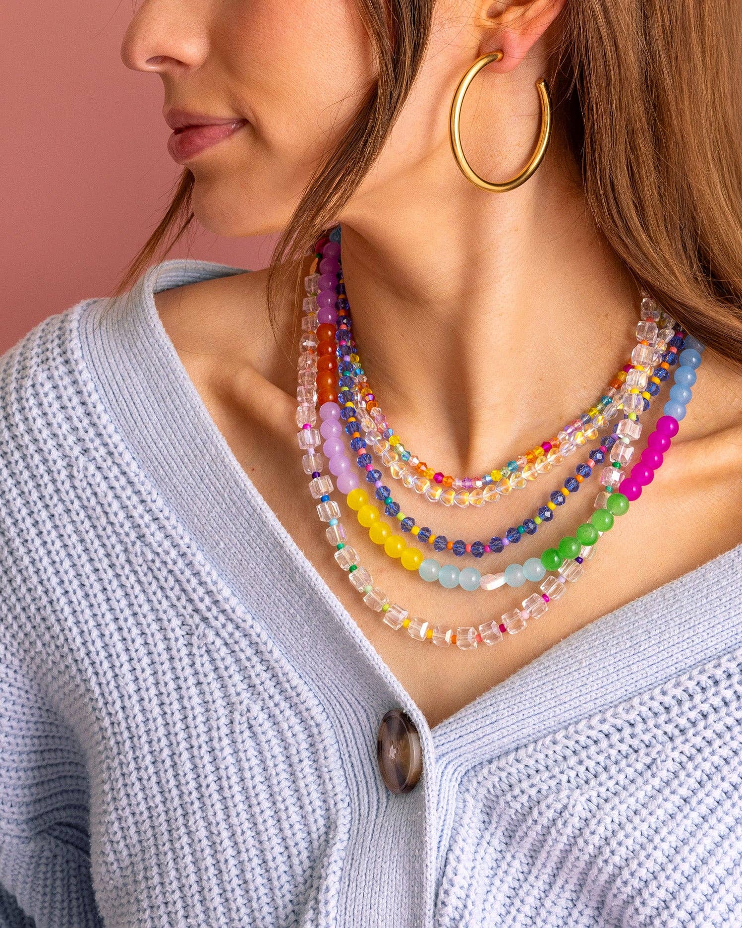 Beaded Necklace - Clear + Multi-Colored Beads - Jenn