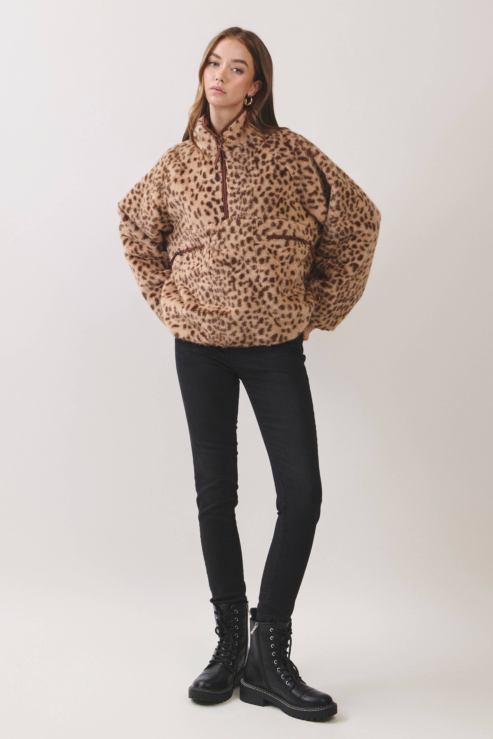 Leopard Faux Fur Pullover Jacket