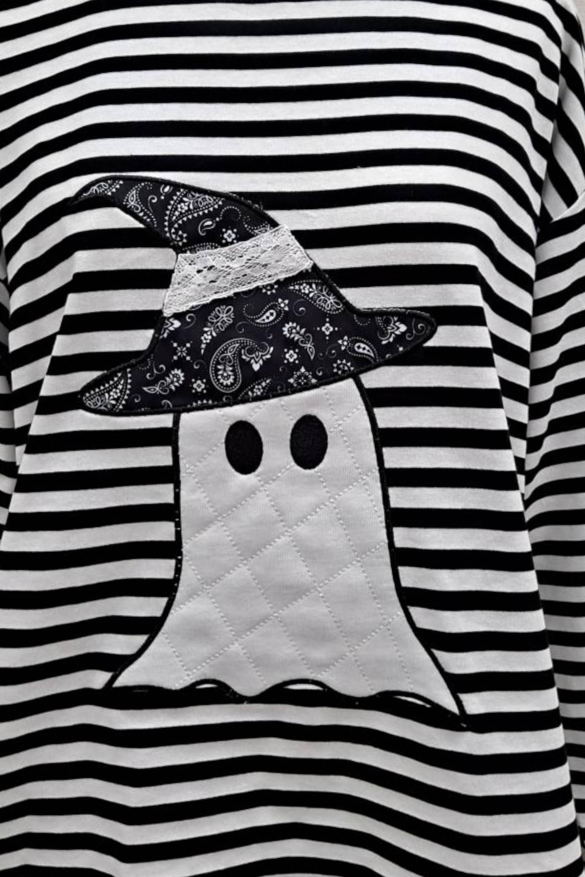 Halloween Ghost Appliqué Striped Long Sleeve Top