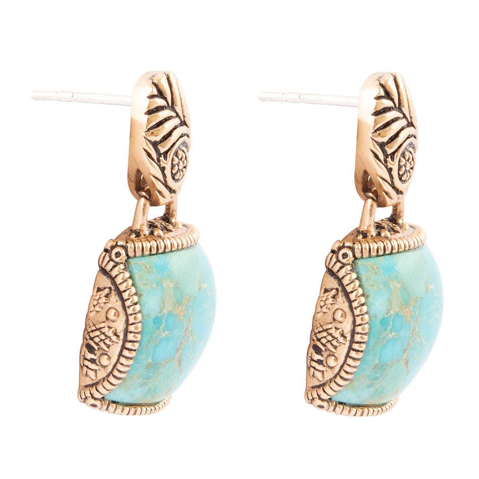 Carved Blue Turquoise Golden Earrings