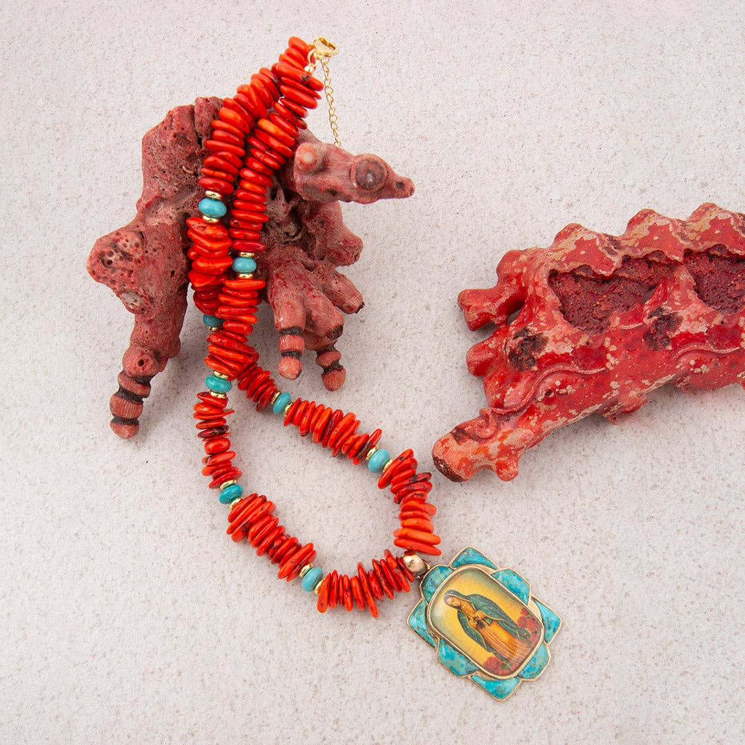 Our Lady of Guadalupe Blue Turquoise and Fiery Orange Golden Pendant Necklace