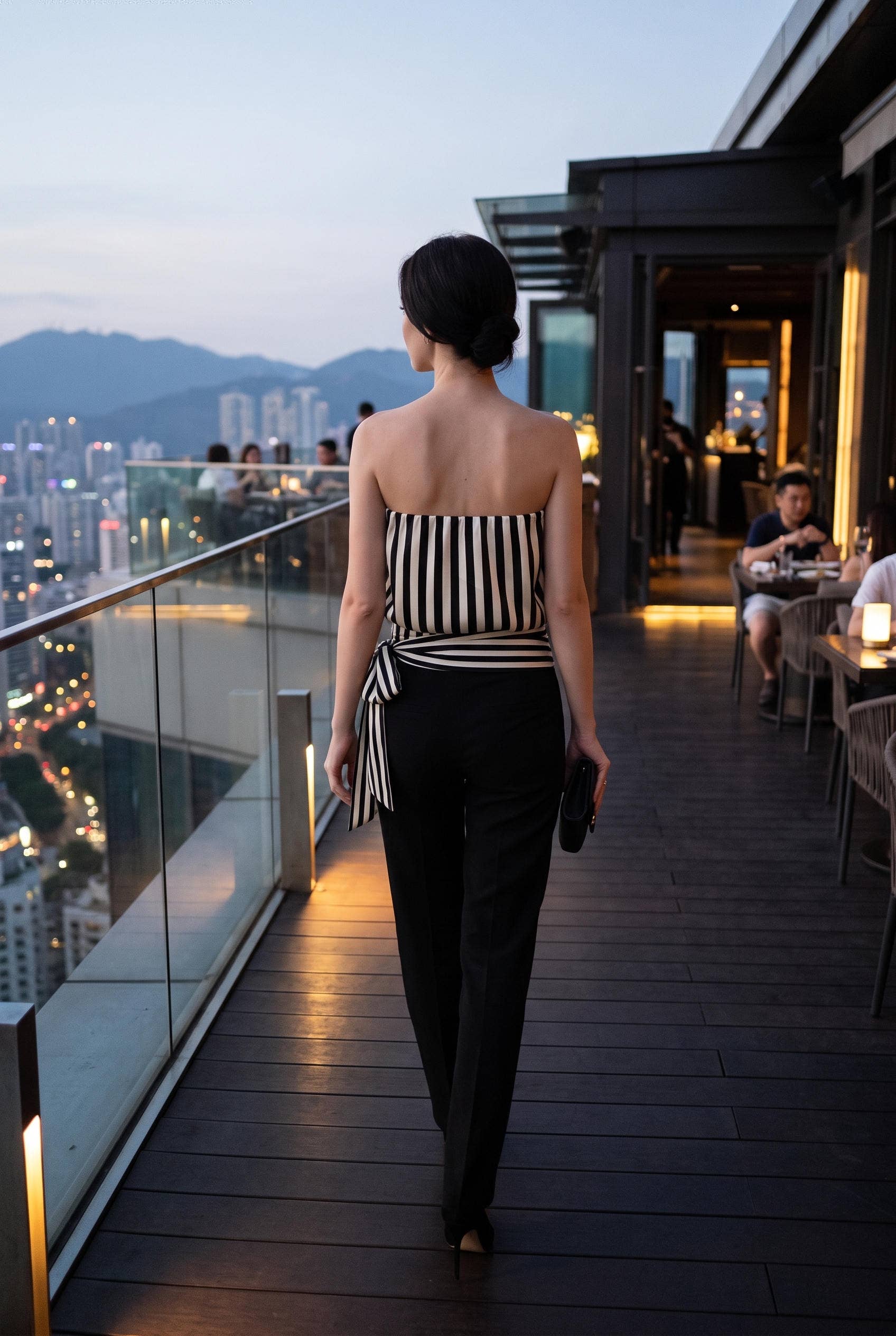 Striped Satin Strapless Tie Waist Top