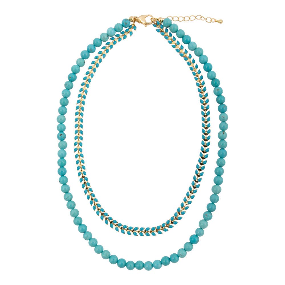 Blue Turquoise Magnesite Layers Golden Chevron Necklace