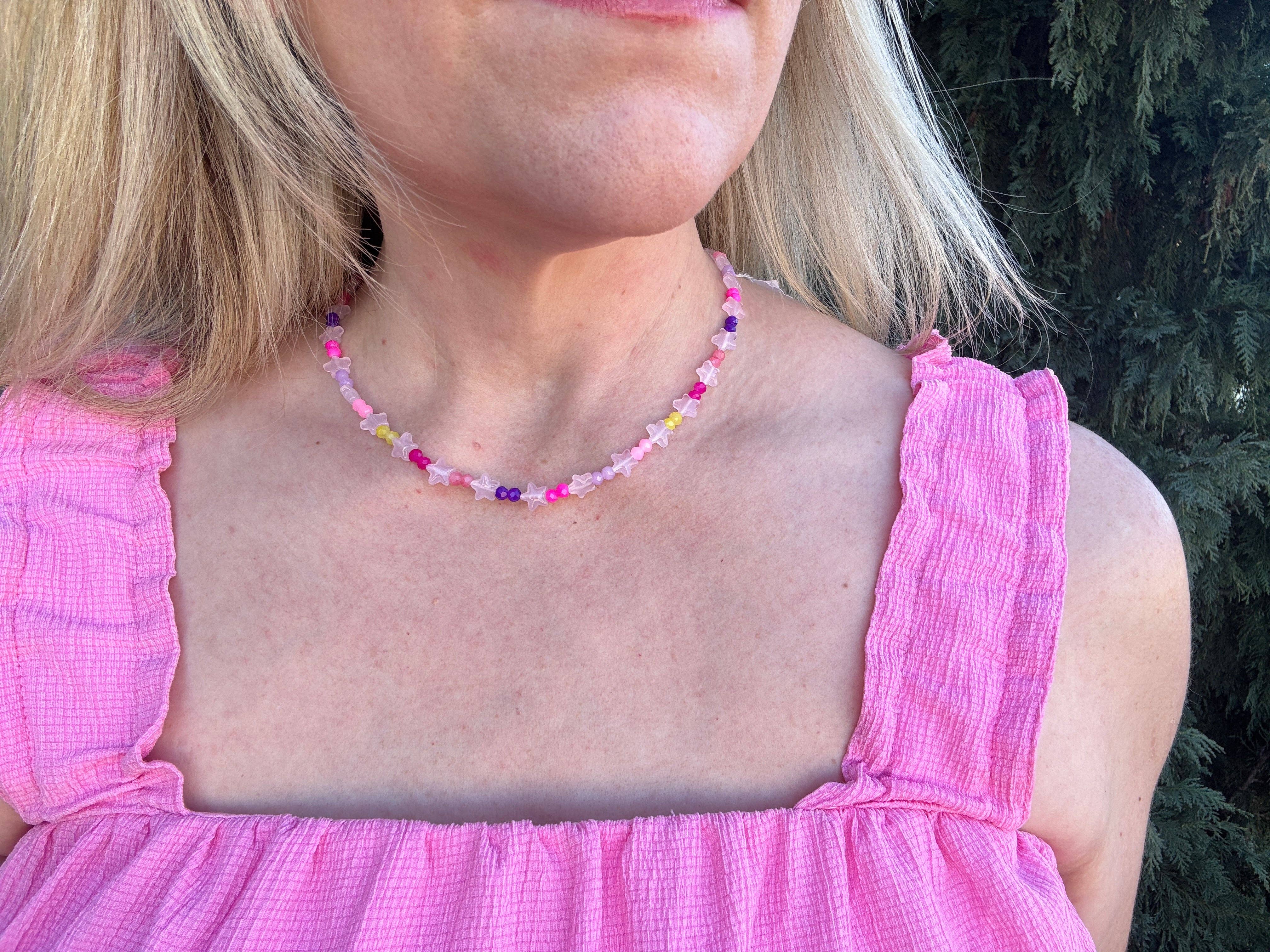 Beaded Necklace - Multi-Colored w/ Pink Star Beads - Marla
