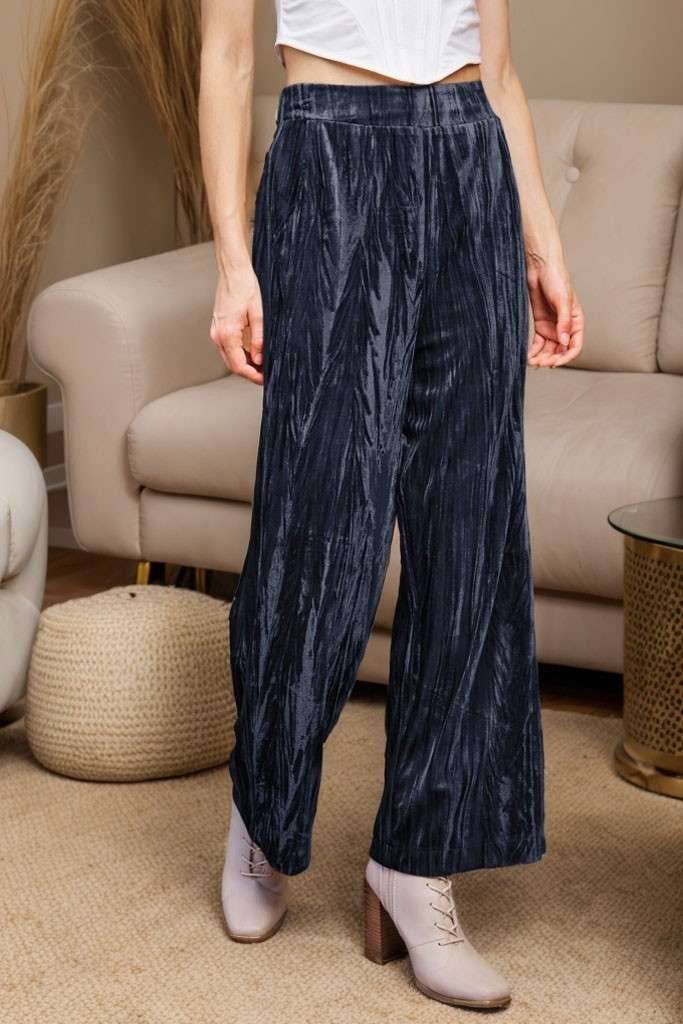 Crinkled Velvet Elastic-Back Wide-Leg Pants