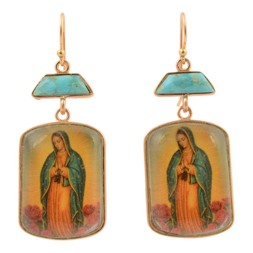 Our Lady of Guadalupe Blue Turquoise Golden Drop Earrings