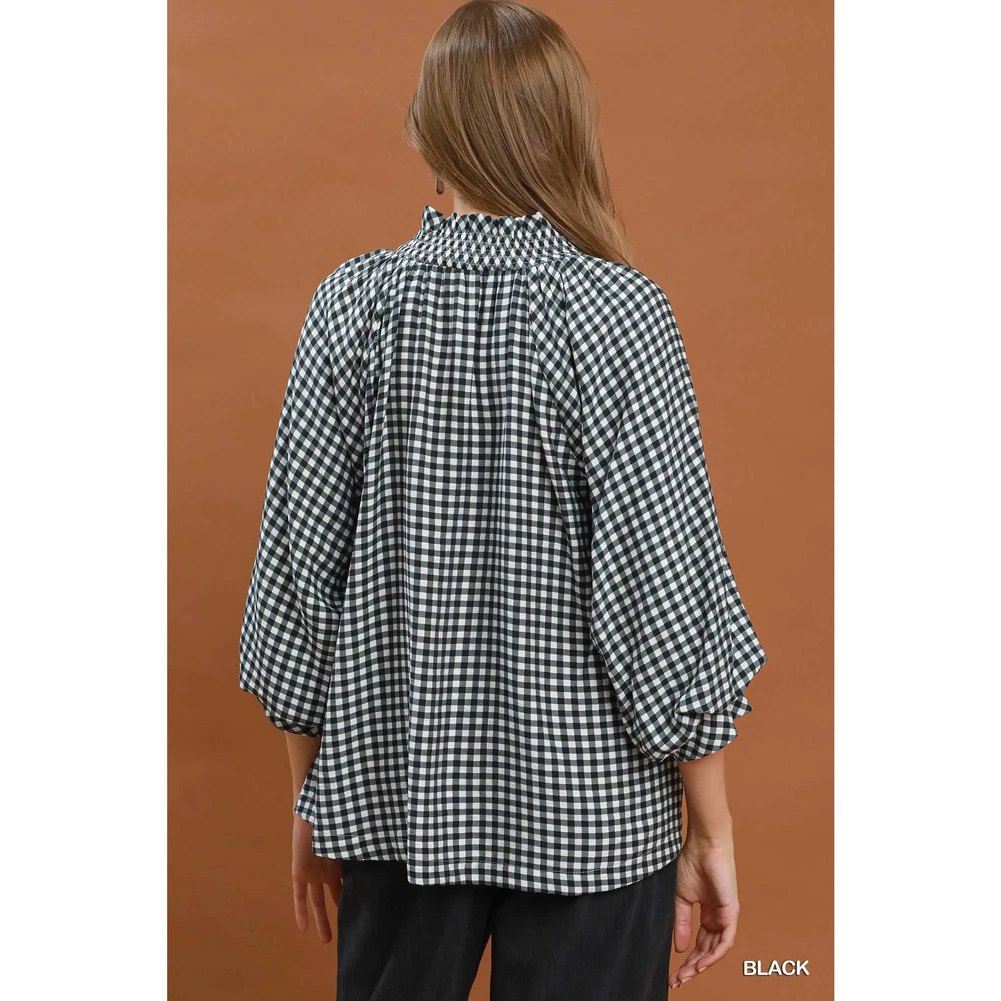 Gingham Check Puff Sleeve Blouse