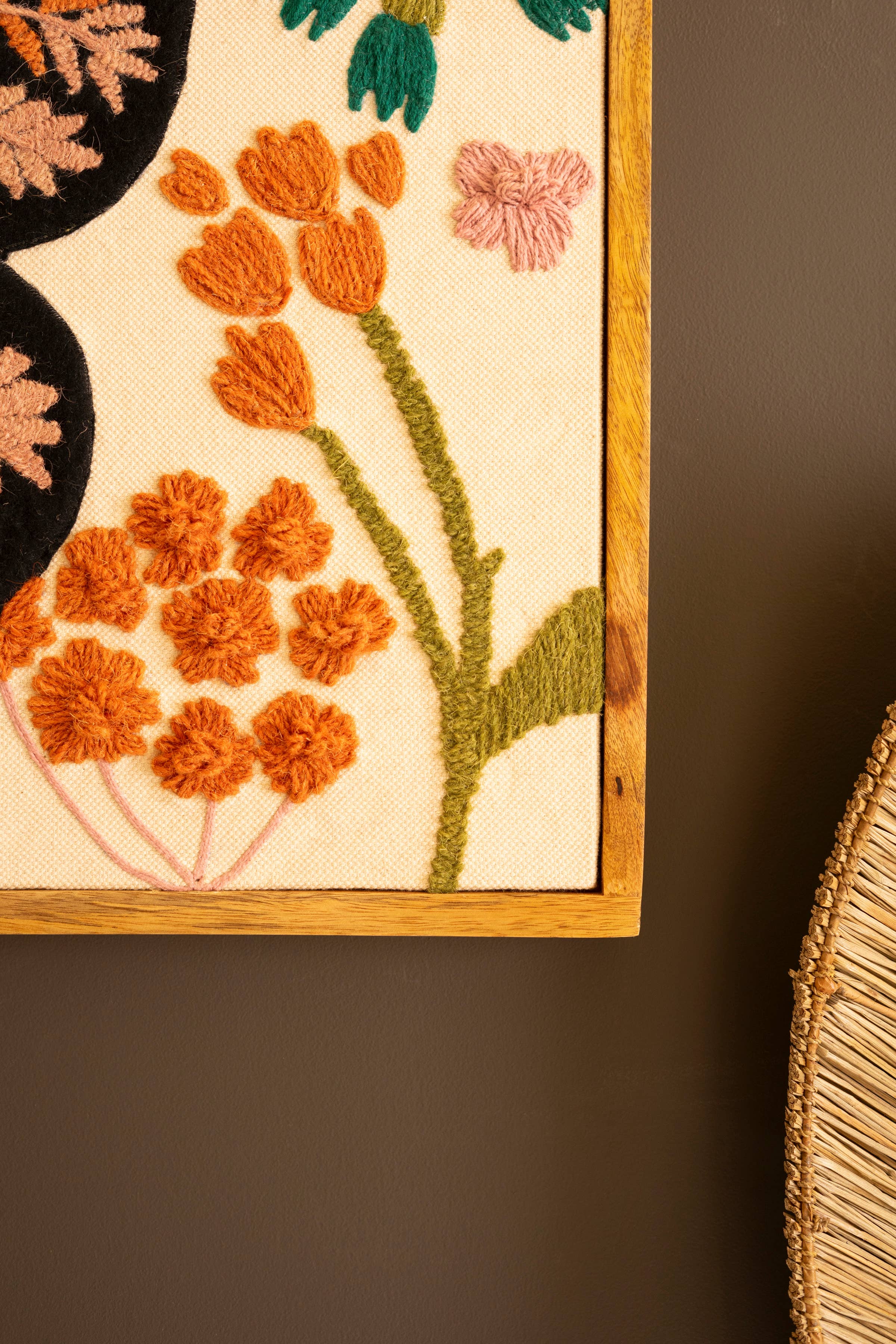 FRAMED HAND-HOOKED ART WITH BUTTERFLY AND FLOWERS