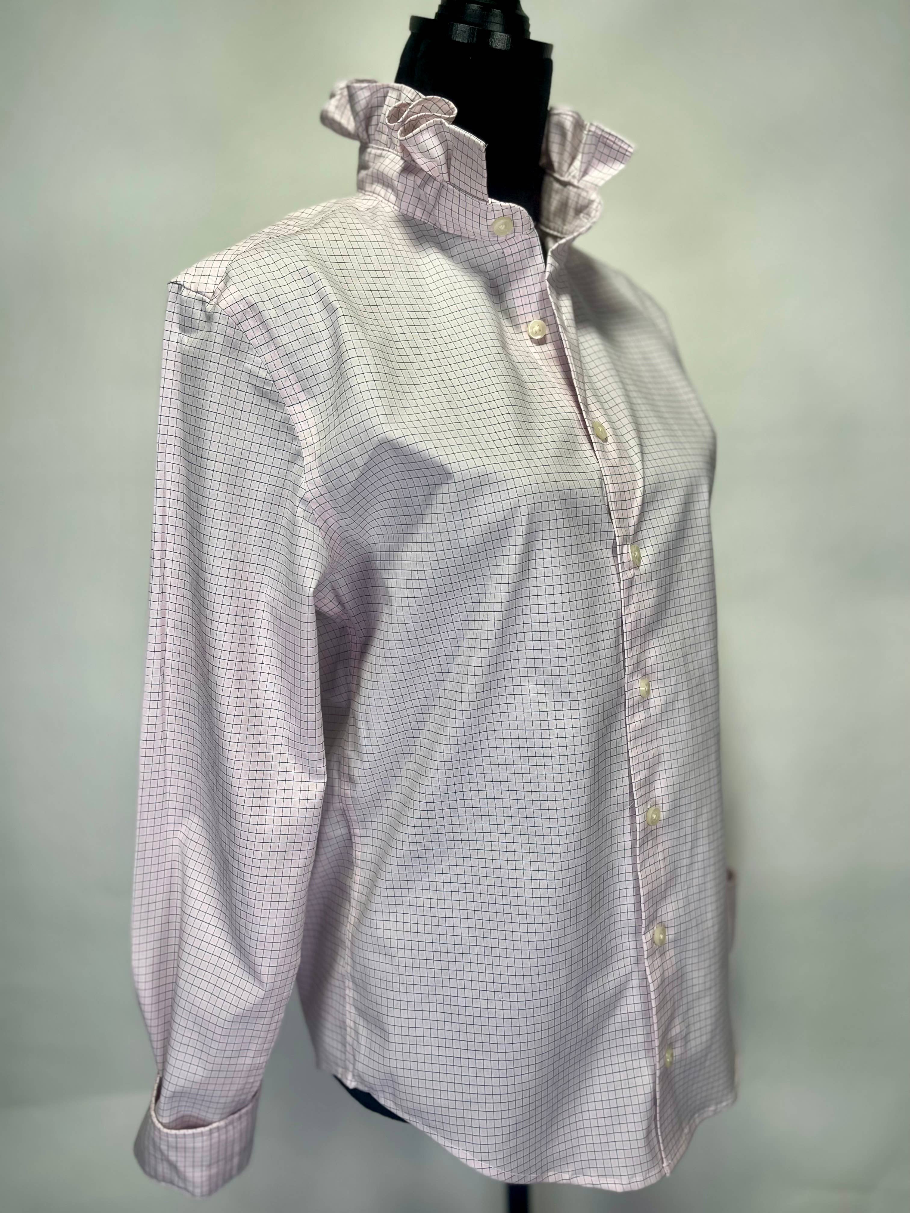 Bespoke Ruffle Collar  Women Shirt Pink Black Plaid  S-M