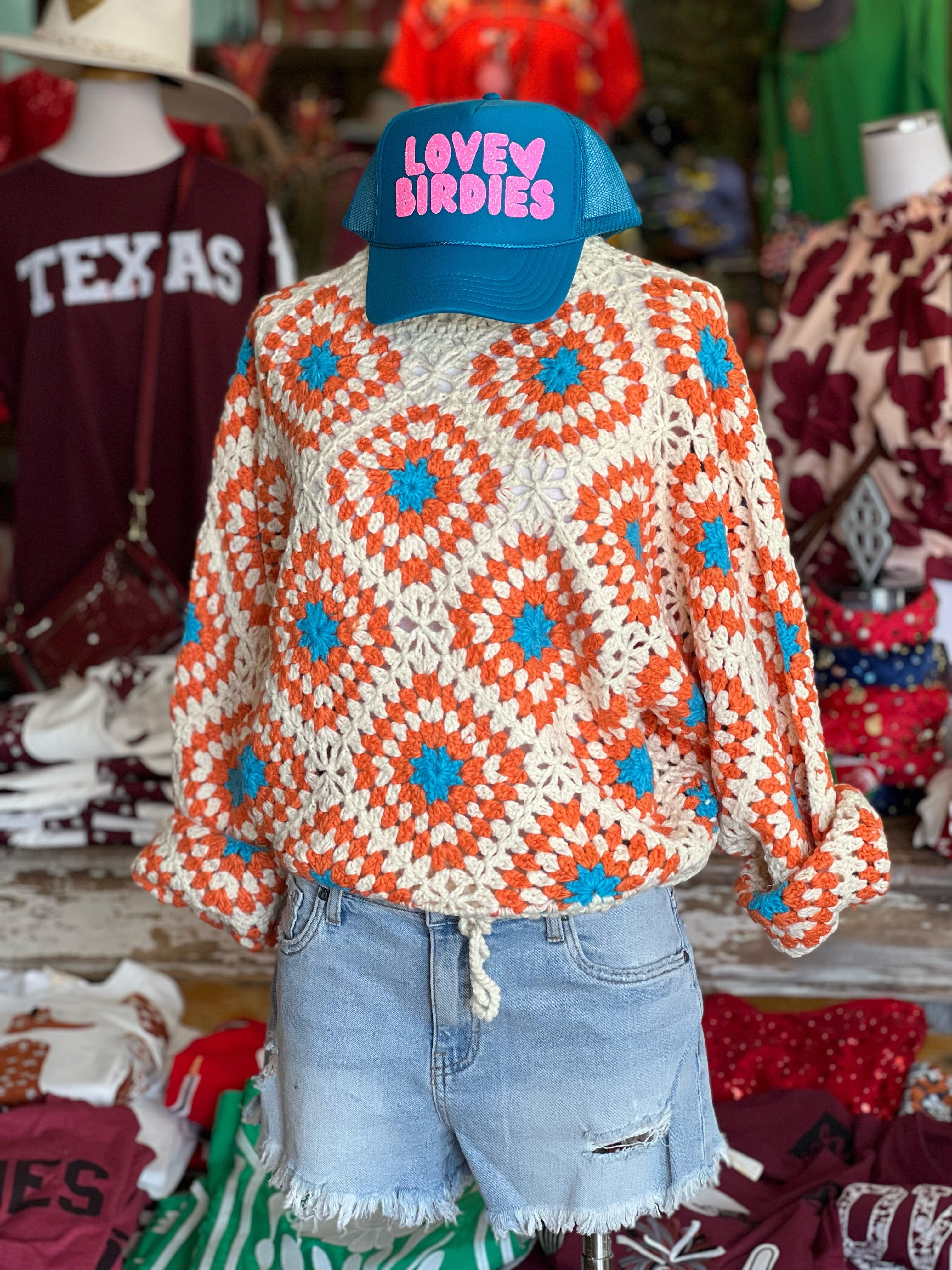 Granny Square Knit Sweater (Cream or Turquoise)